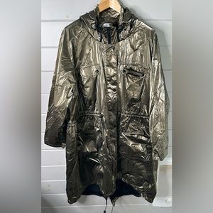 Metallic Olive Green Hooded Rain Parka Or Rain Coat